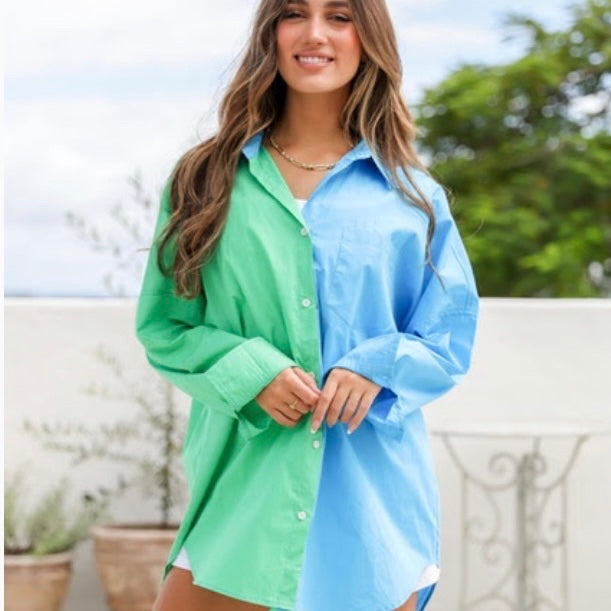BOBBY SPLICED BOYFRIEND SHIRT -AQUA & APPLE