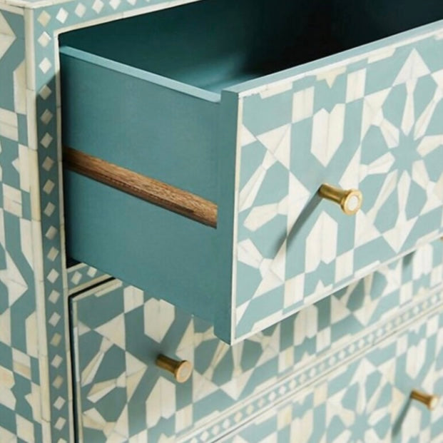 GREEN & IVORY 9 DRAWER STAR BONE INLAY DRESSER.