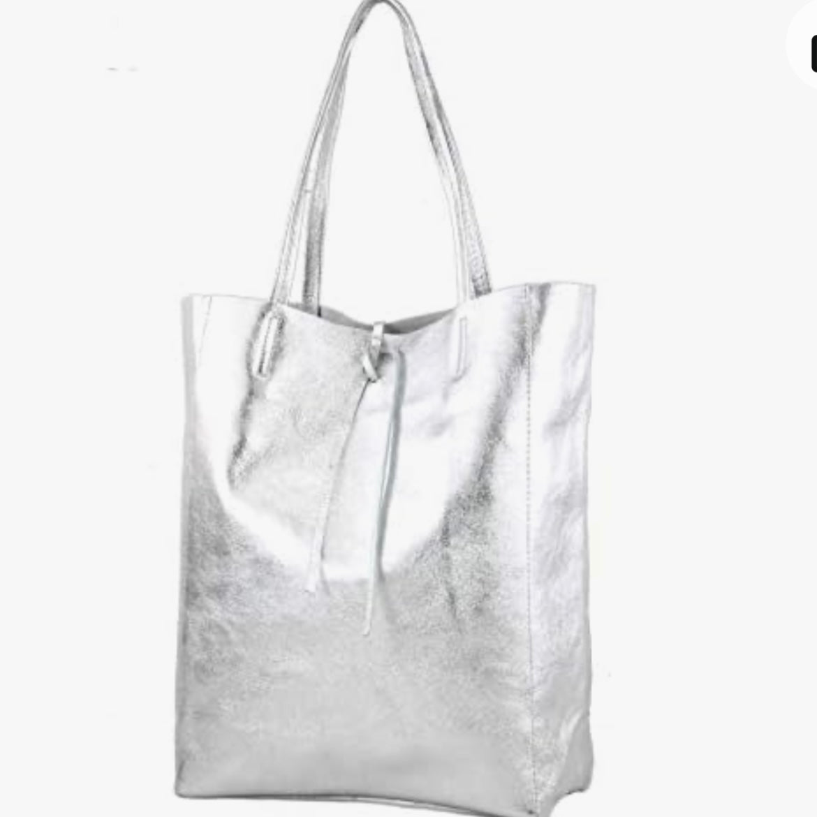 TILLY GENUINE LEATHER TOTE - METALLIC SILVER