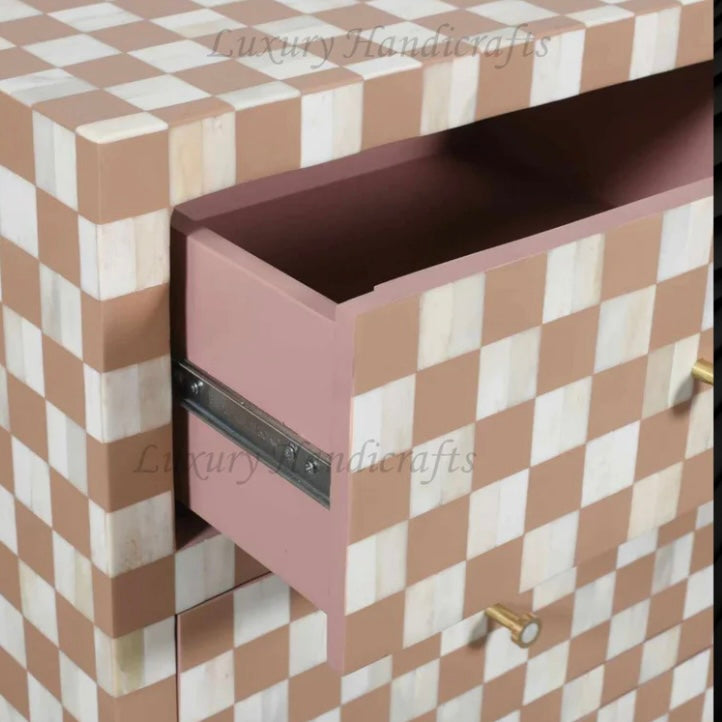 Checkered Bone Inlay Dressoir 4 Drawer -Almond