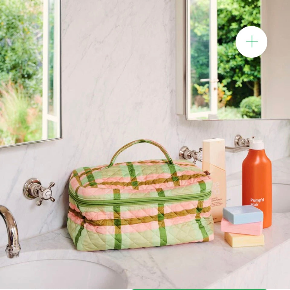 PISTACHIO TARTAN QUILTED COTTON TOILETRY CASE