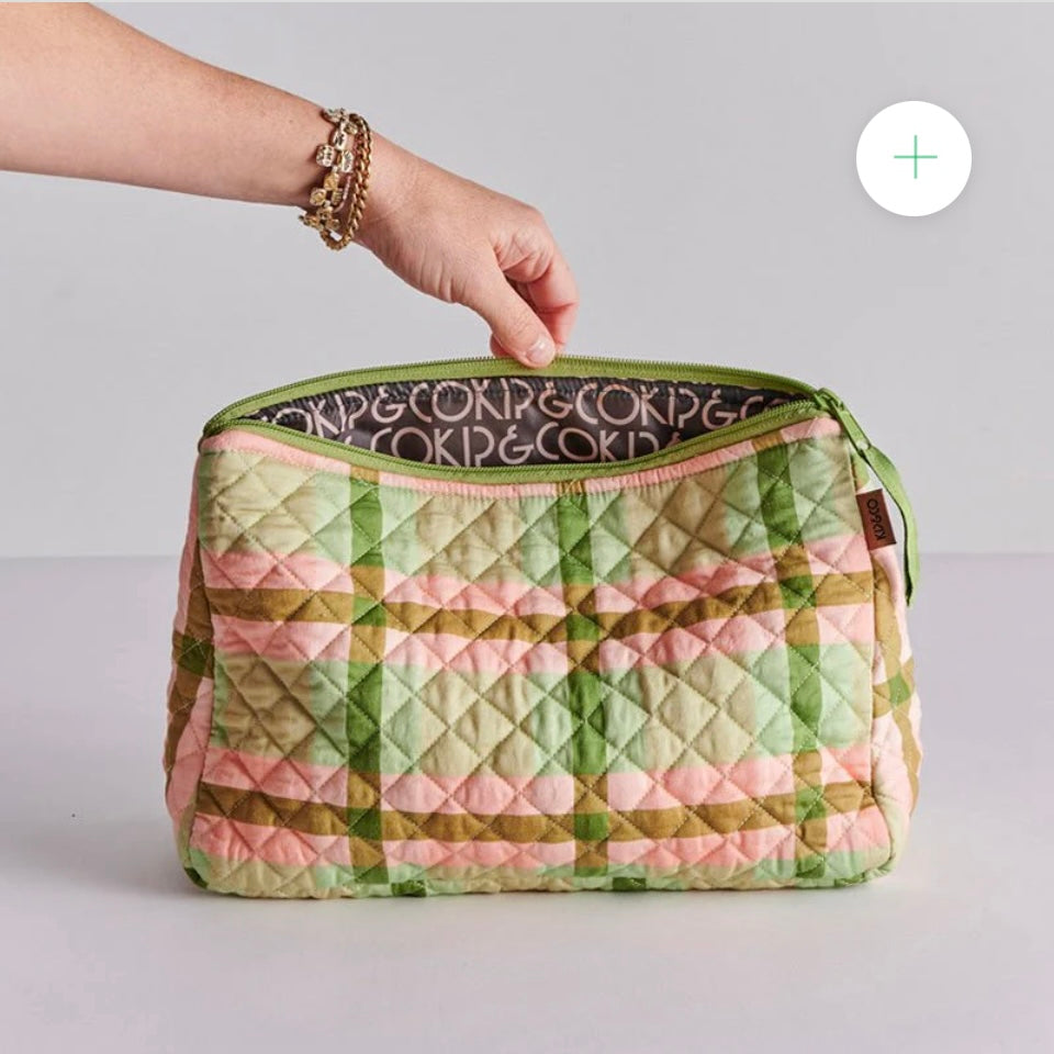 PISTACHIO TARTAN QUILTED COTTON TOILETRY PURSE