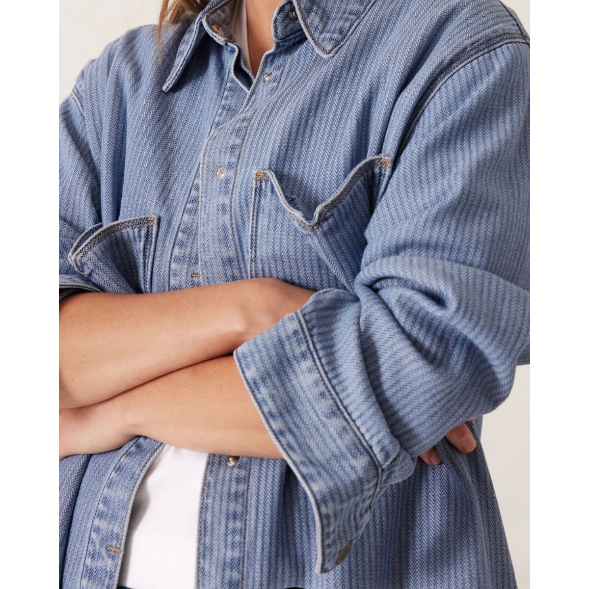 Goldie Longline Denim Shacket-Herringbone