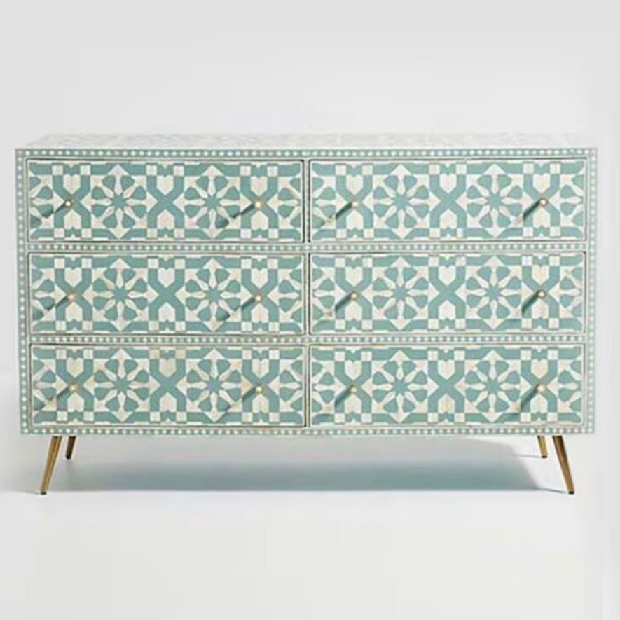 GREEN & IVORY 9 DRAWER STAR BONE INLAY DRESSER.