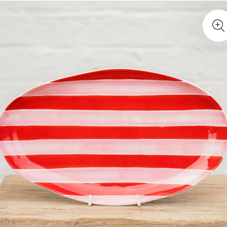 Oval Platter - Pink & Red stripe