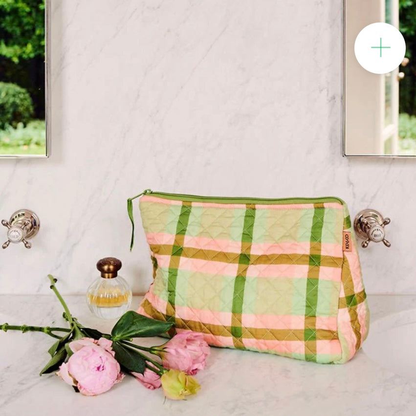 PISTACHIO TARTAN QUILTED COTTON TOILETRY PURSE