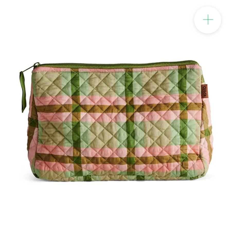 PISTACHIO TARTAN QUILTED COTTON TOILETRY PURSE