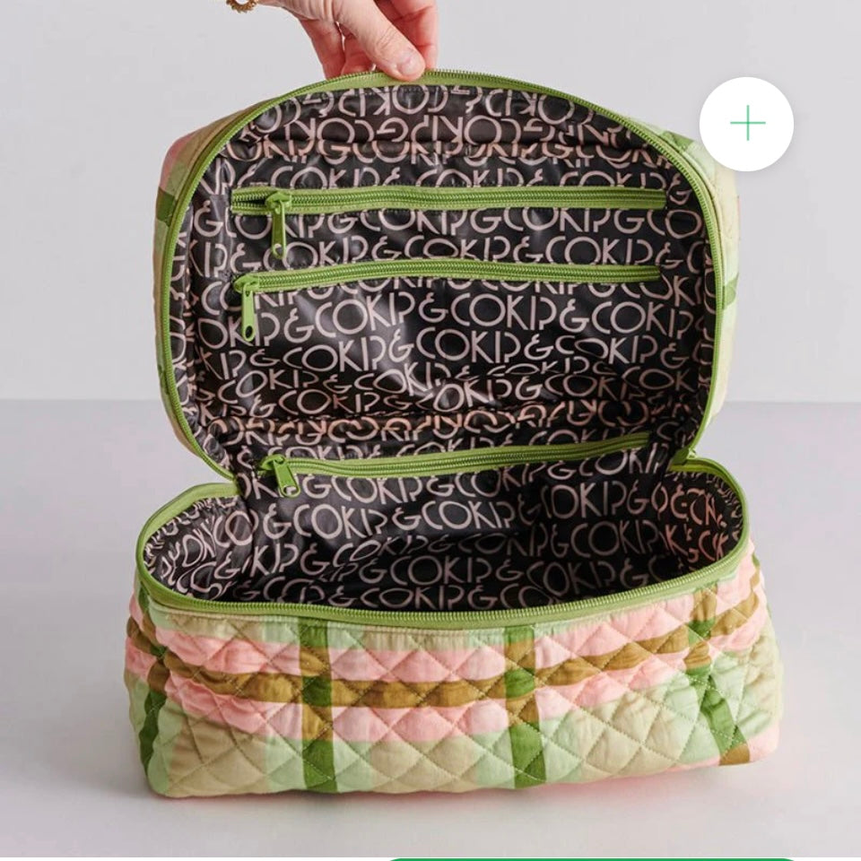 PISTACHIO TARTAN QUILTED COTTON TOILETRY CASE