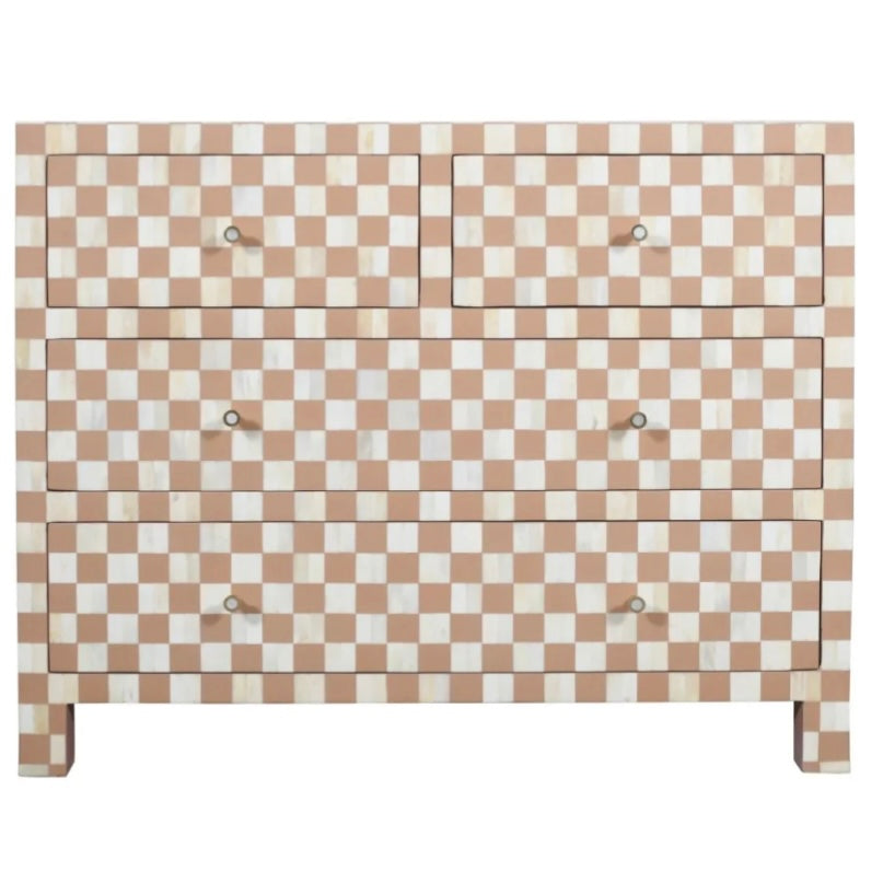 Checkered Bone Inlay Dressoir 4 Drawer -Almond