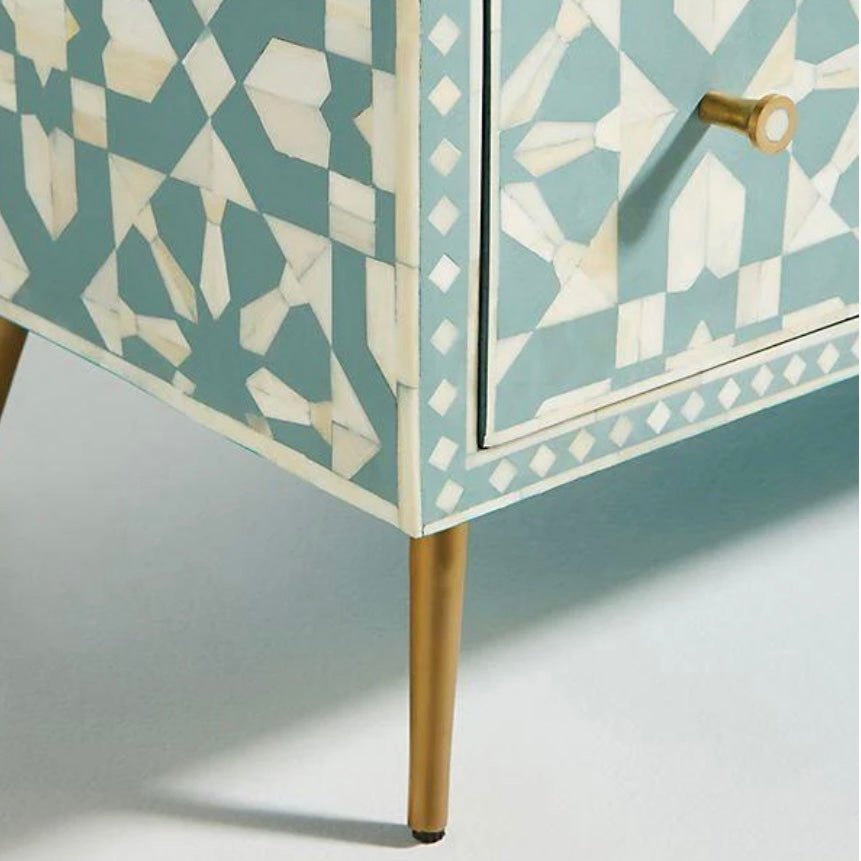 GREEN & IVORY 9 DRAWER STAR BONE INLAY DRESSER.