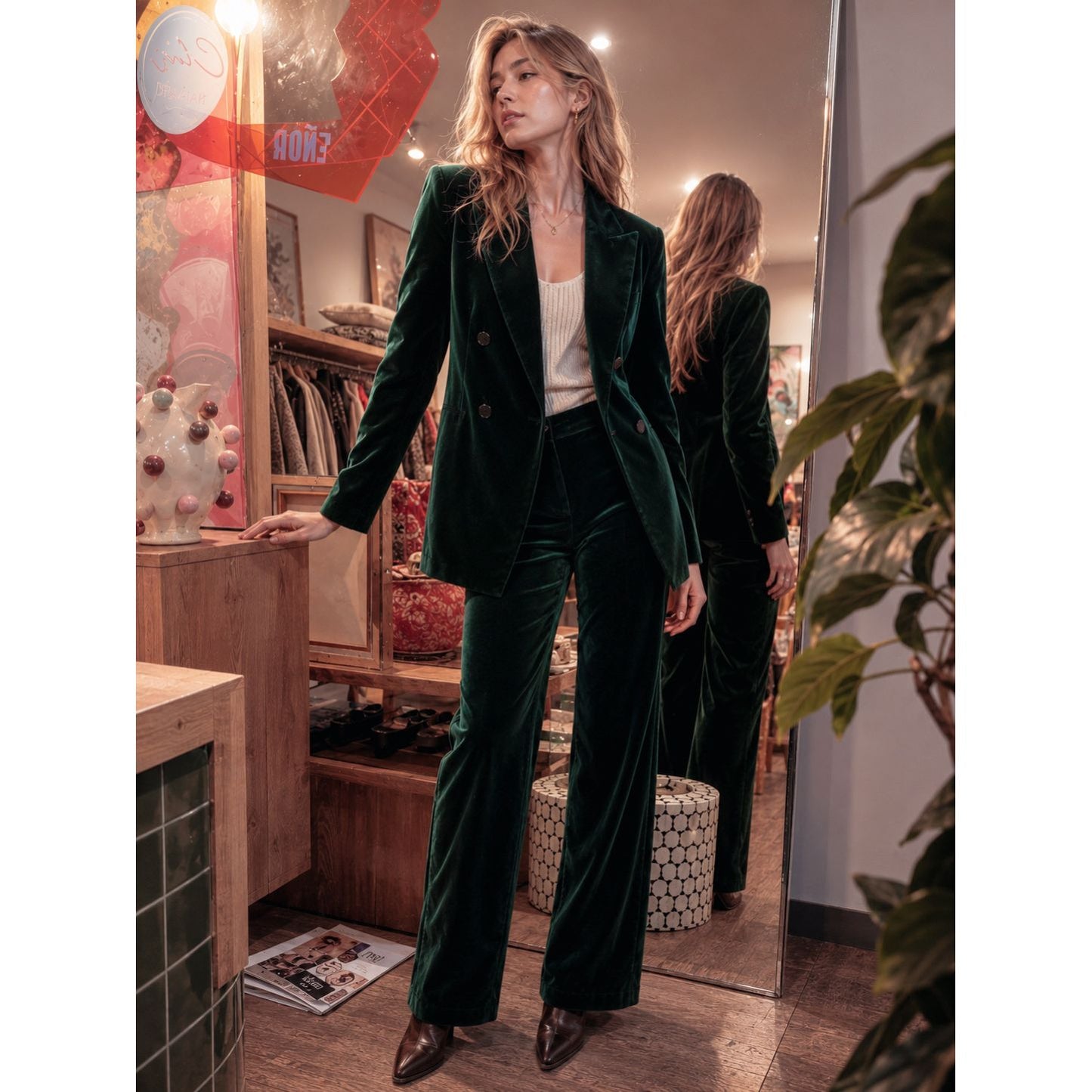 Velvet Double Breasted Blazer –Emerald Green