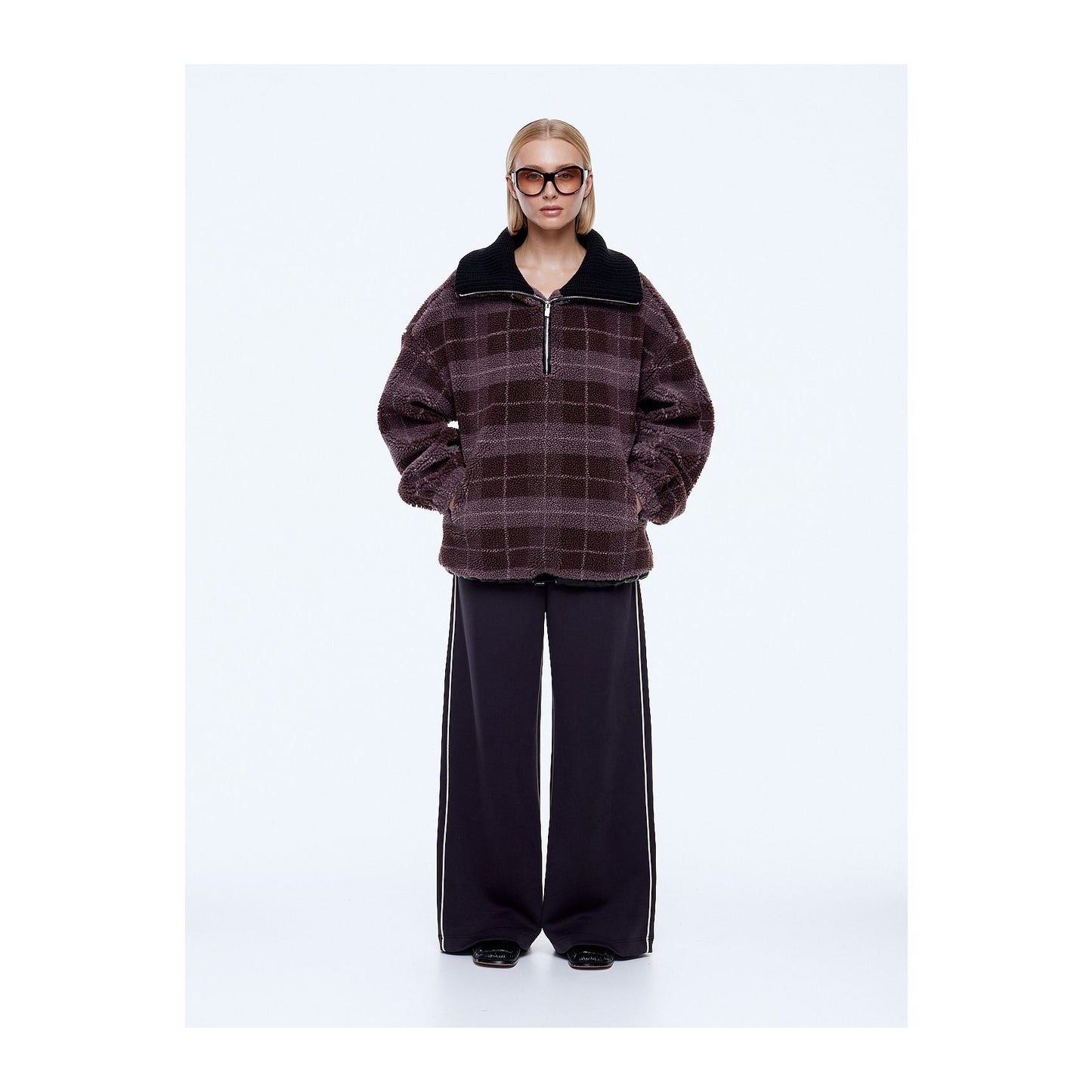 Ena Pelly-
Winnie Quarter-Zip Jacket-Burgundy Check