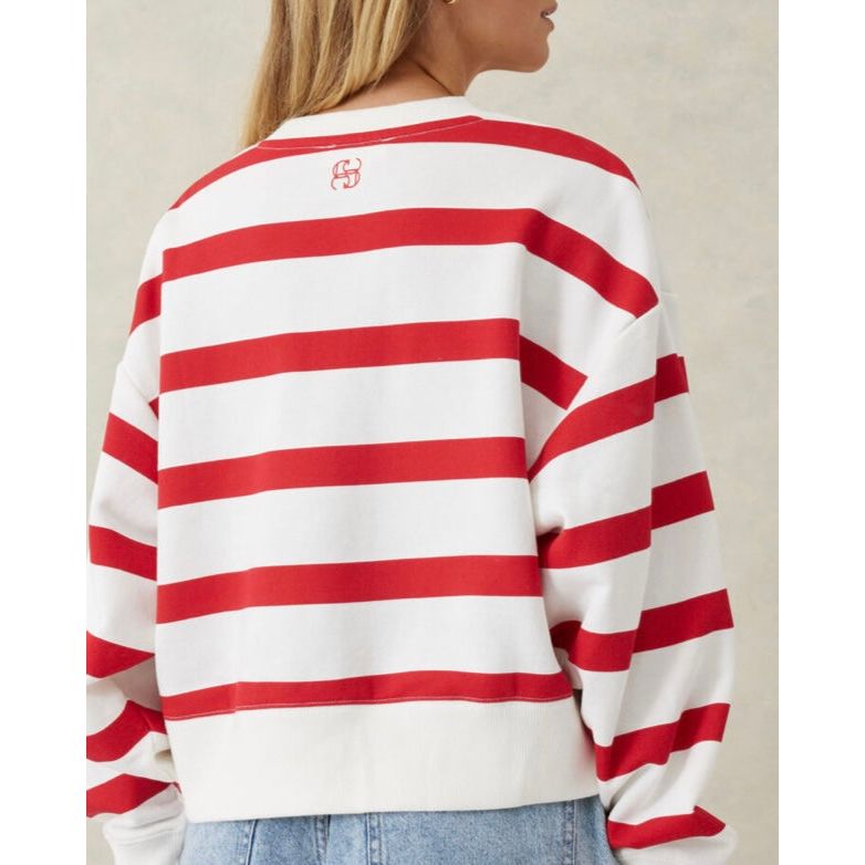 Cropped Slouchy Crew- Red & White Stripe
