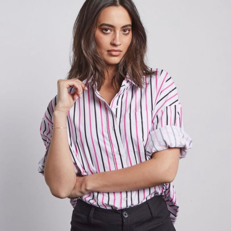 JOLIE STRIPED COTTON SHIRT IN DRAGONFRUIT & BLACK