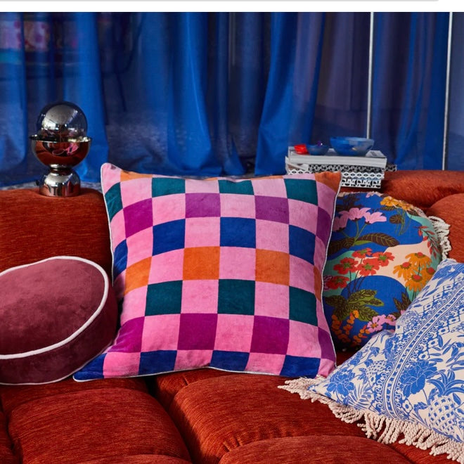 DAMAS CHECKERBOARD CUSHION - COSMOS-SAGE & CLARE