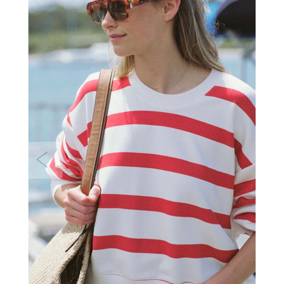 Cropped Slouchy Crew- Red & White Stripe