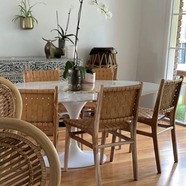 Teak Leather Strap Dining Chairs