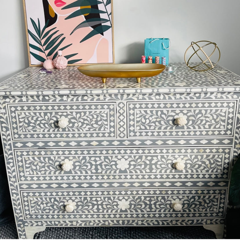 Grey Floral 4 Drawer Bone Inlay Chest PRE ORDER NOW