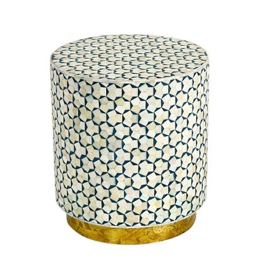 Geometric Bone inlay Drum Side Table White/Black