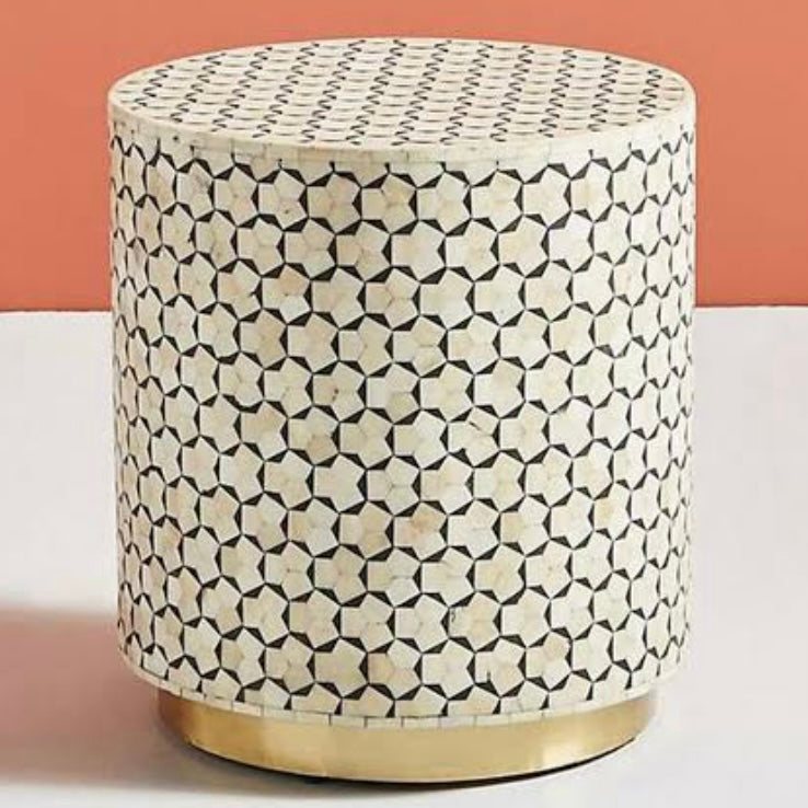 Geometric Bone inlay Drum Side Table White/Black