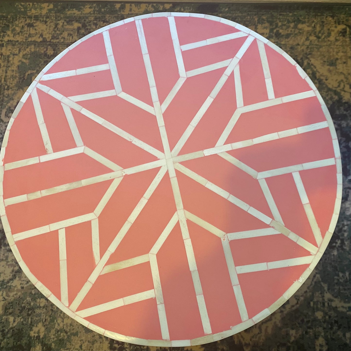 Abstract Bone inlay Drum Side Table -Pink/White