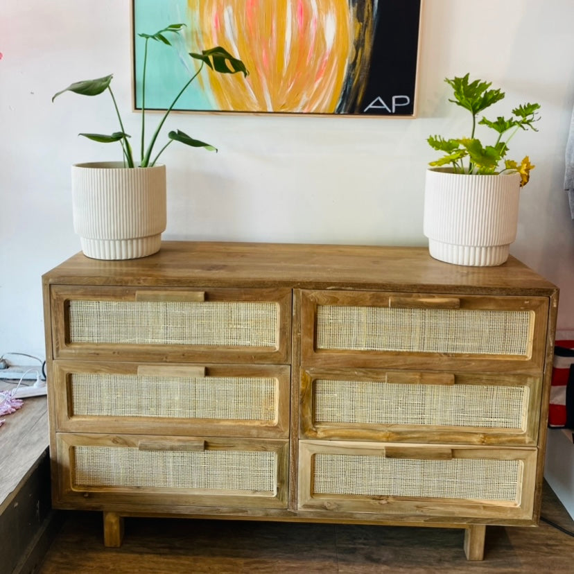 Teak & Rattan 6 Drawer Dressoir