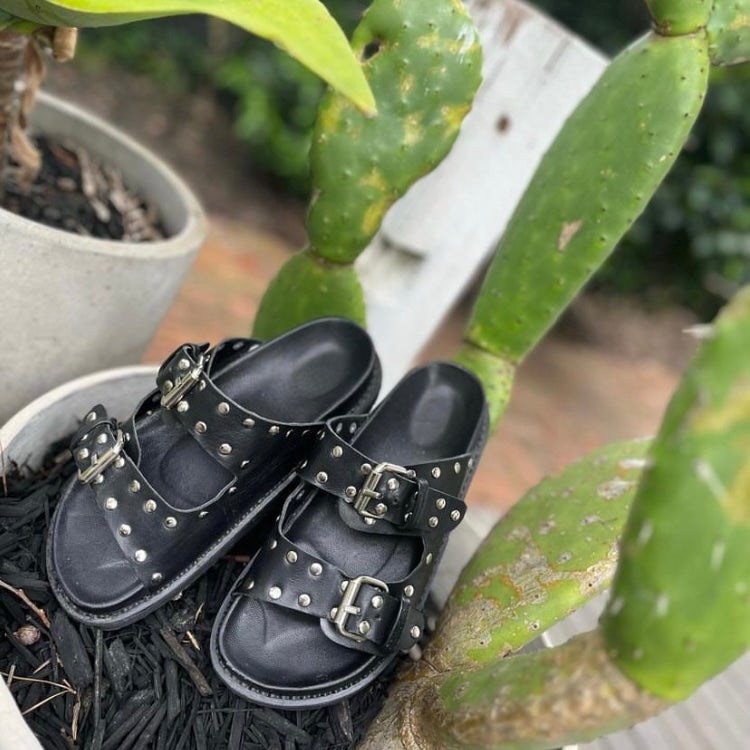 Ziggy Leather Studded Black/Silver Slides