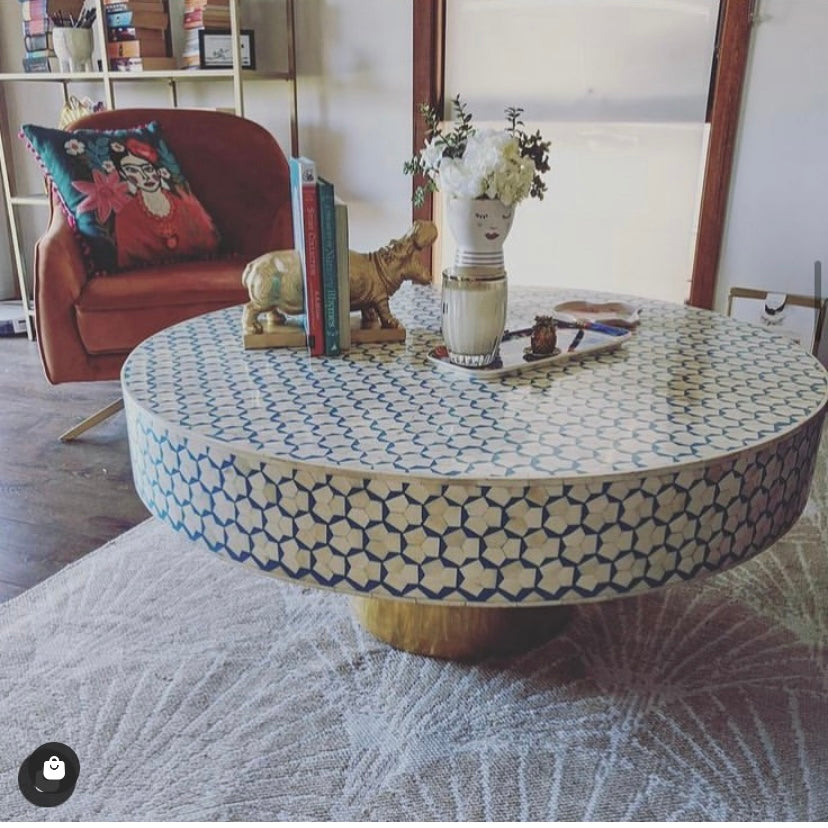 Bone Inlay Round Coffee Table Octagonal Pattern PRE ORDER.