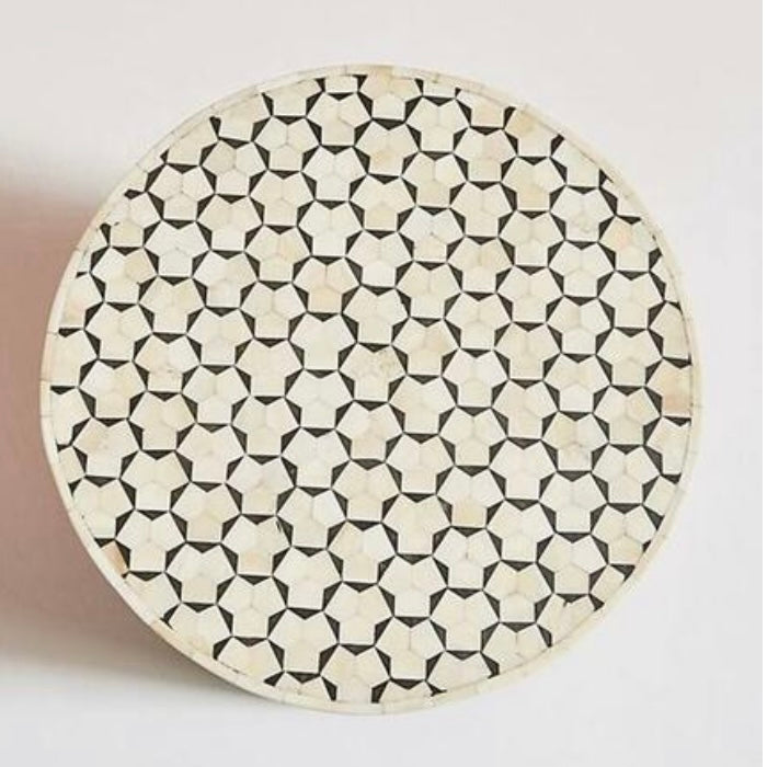 Geometric Bone inlay Drum Side Table White/Black