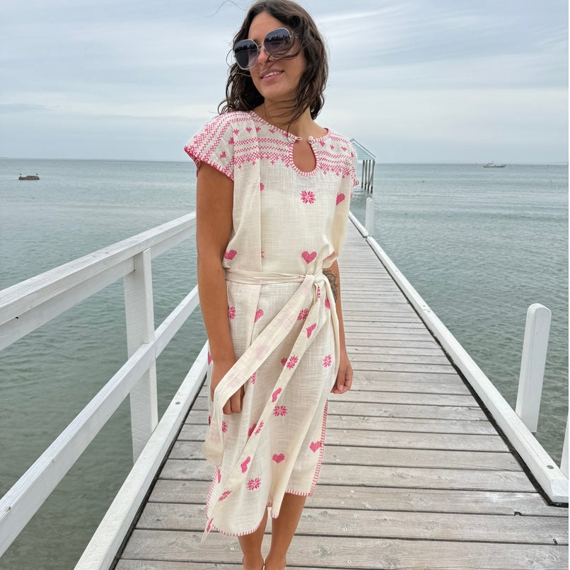 Embroidered Kaftan Long Length-Ecru/Fuschia