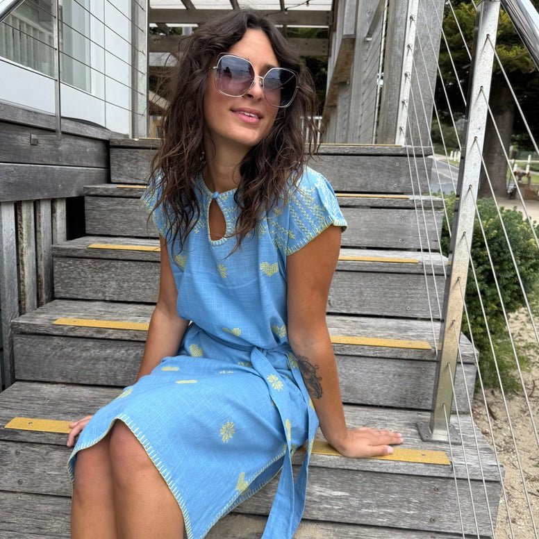 Embroidered Kaftan Long Length-Blue/Yellow