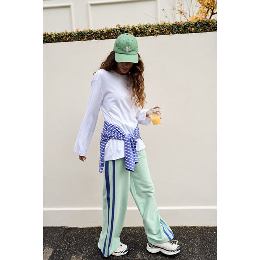 Gigi Wide Leg Terry Trackpant-Seafoam/ Polo Blue Side Stripe