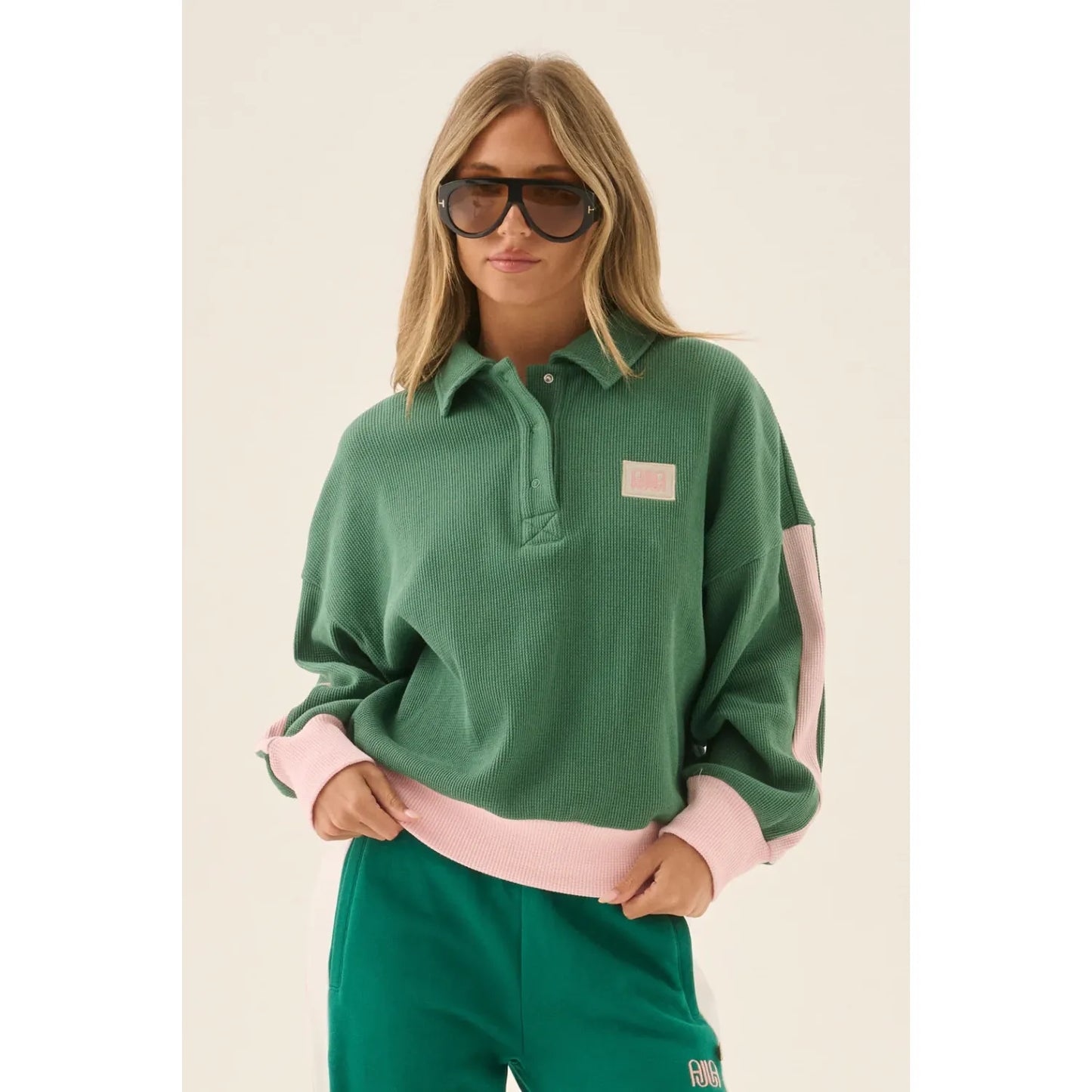 WAFFLE SPLICE SWEATSHIRT-SAGE GREEN