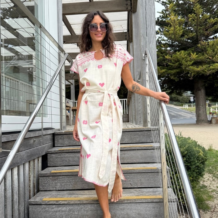 Embroidered Kaftan Long Length-Ecru/Fuschia