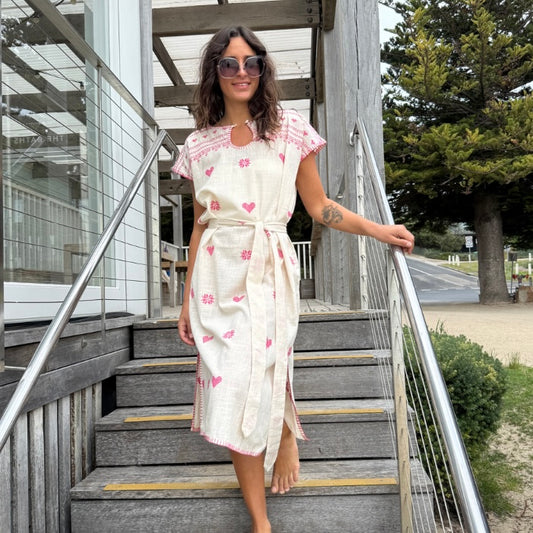 Embroidered Kaftan Long Length-Ecru/Fuschia