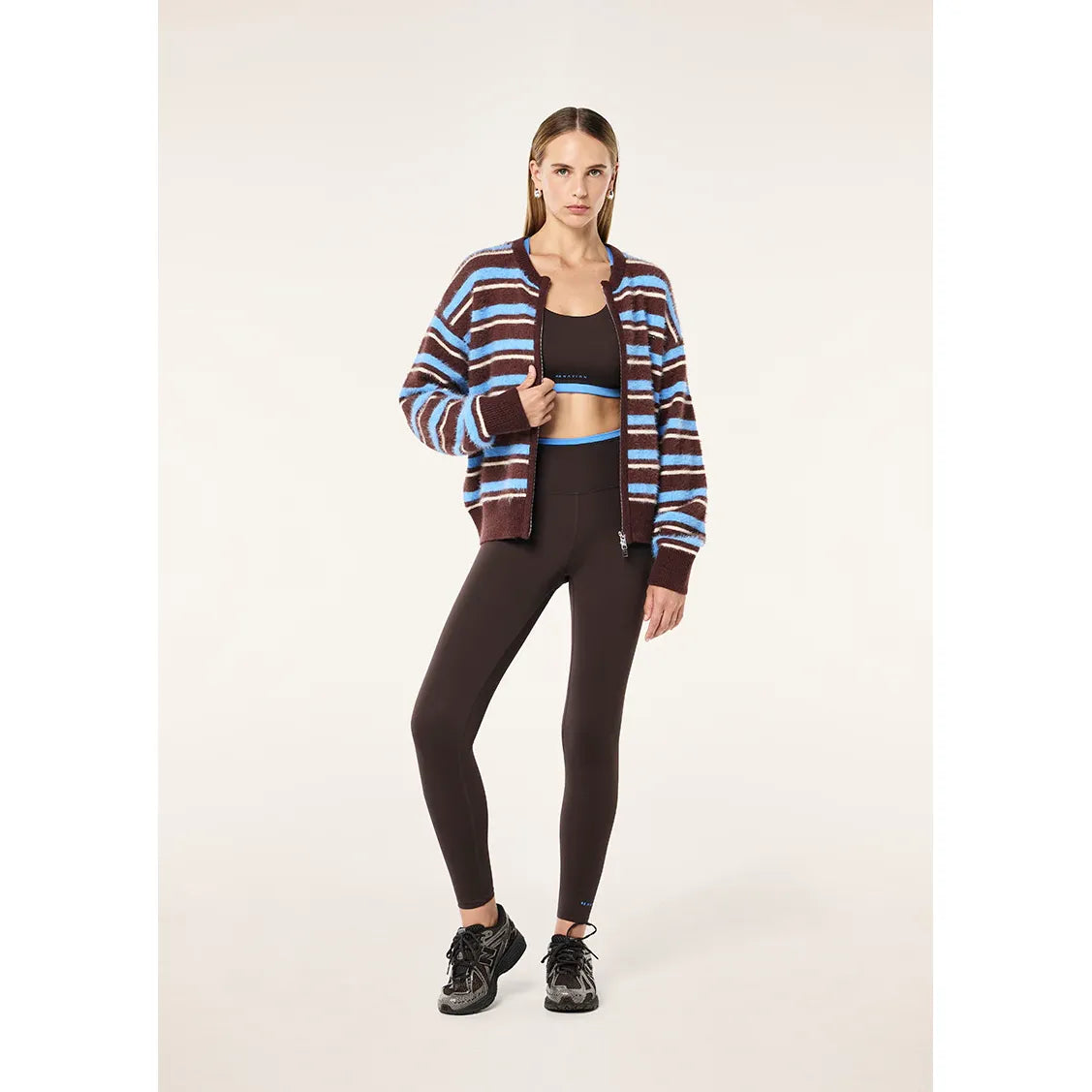 P.E Nation-Sable Stripe Knit Bomber -Coffee Stripe
