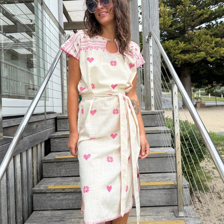 Embroidered Kaftan Long Length-Ecru/Fuschia