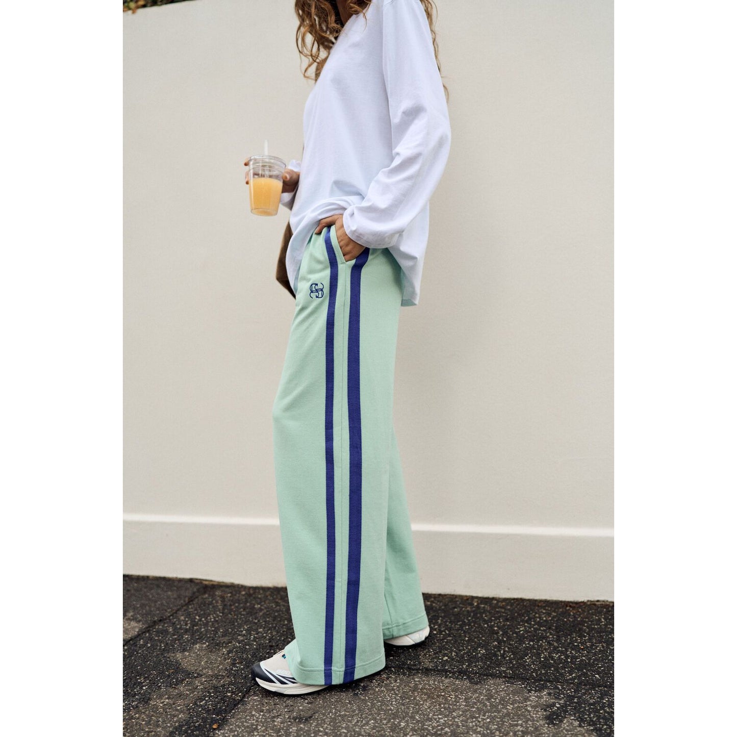 Gigi Wide Leg Terry Trackpant-Seafoam/ Polo Blue Side Stripe