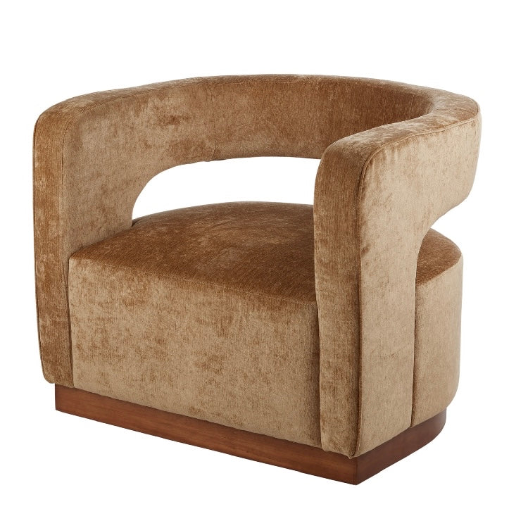 GOLDIE AGED VELVET ARMCHAIR GOLD/WALNUT-PRE ORDER