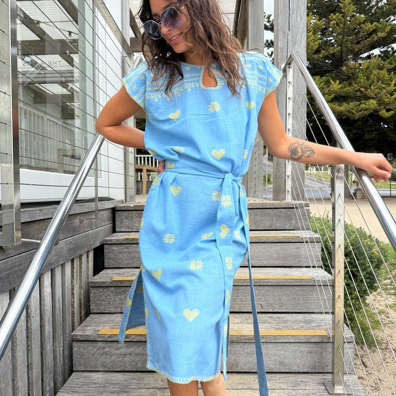 Embroidered Kaftan Long Length-Blue/Yellow