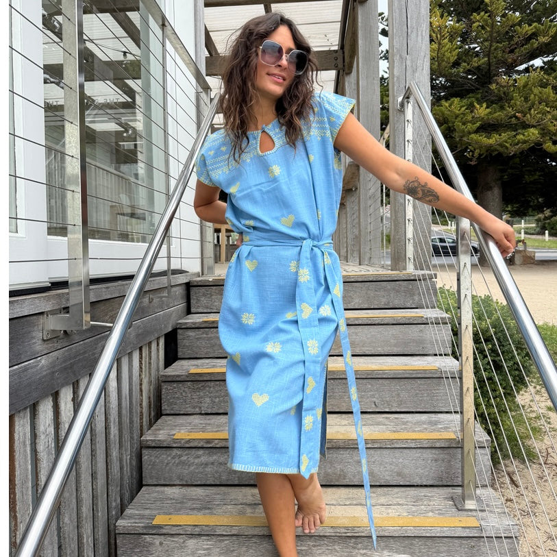 Embroidered Kaftan Long Length-Blue/Yellow