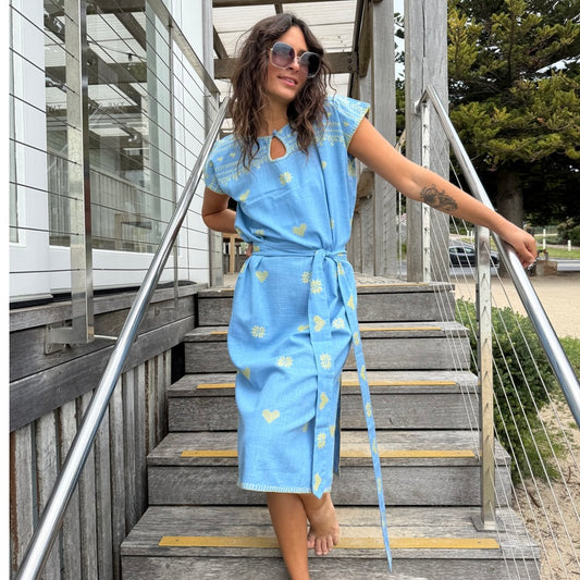 Embroidered Kaftan Long Length-Blue/Yellow