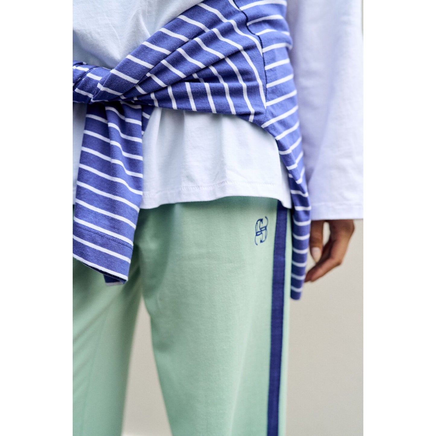 Gigi Wide Leg Terry Trackpant-Seafoam/ Polo Blue Side Stripe