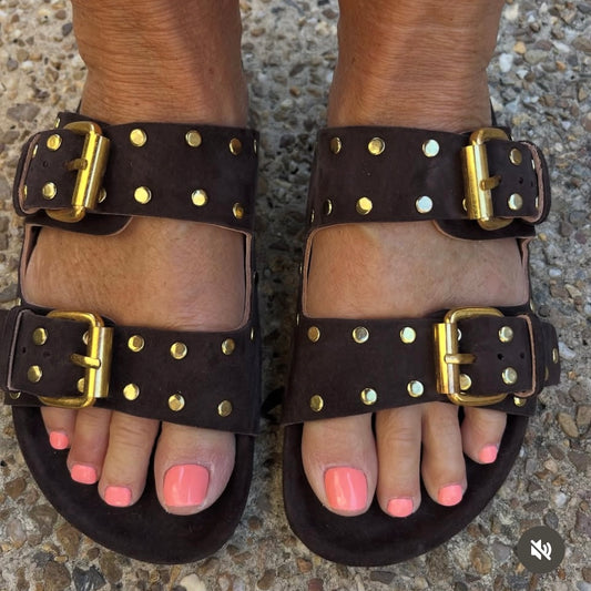 Clover Leather Studded Chocolate Suede/Brass  Slides