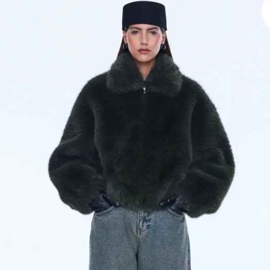 Ena Pelly - Daphne Faux Fur Bomber-Olive