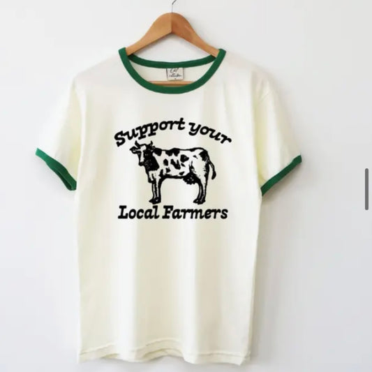 Support Your Local Farmers Ringer Graphic Top- Green
