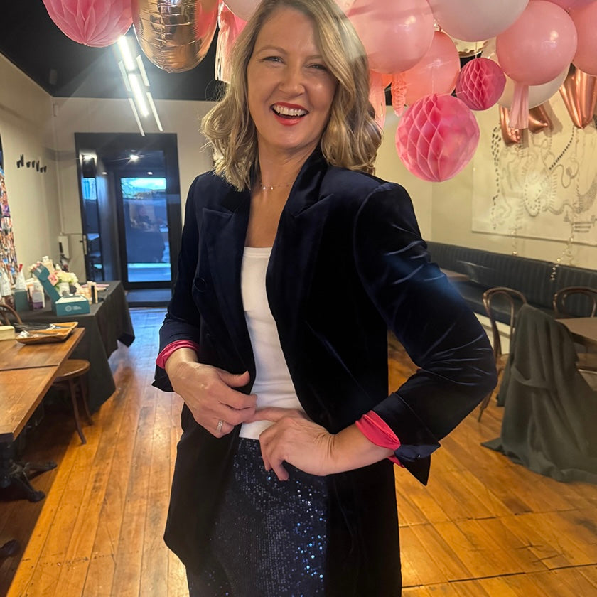 Velvet Double Breasted Blazer –French Navy with Pink lining