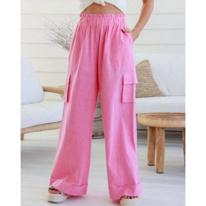 MACEY LINEN CARGO PANTS -PINK