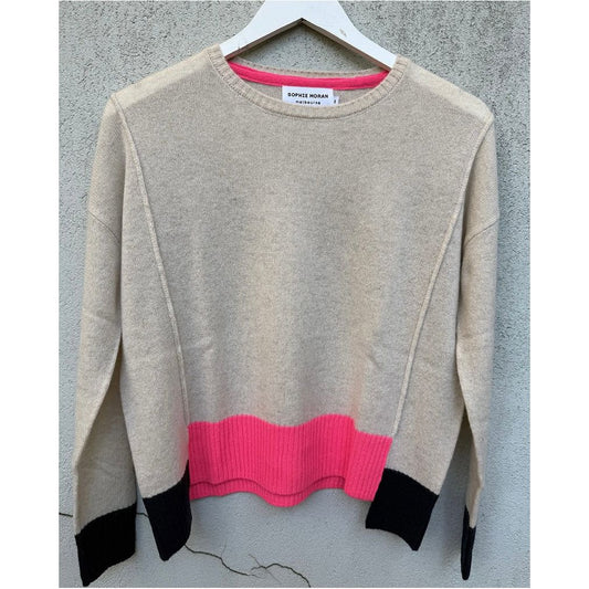 100% Cashmere – Step Hem Knit – Oatmeal / Pink & Navy