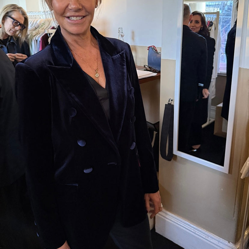 Velvet Double Breasted Blazer –French Navy with Pink lining